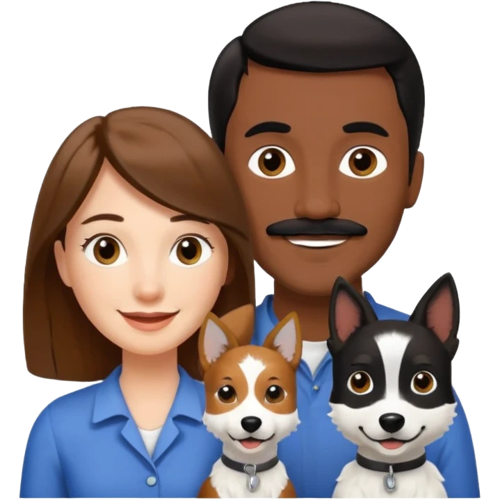 Quiero a una mujer blanca  con el pelo por el hombro lacio castaño  con un hombre de color morochito con el pelo negro y bigote, ambos felices  y un solo perro blanco Fox terrier  emoji