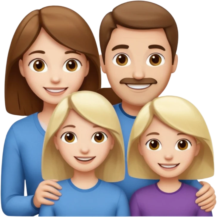 happy pale white  four person family with one brown hair dad, one brown hair mom, one blonde girl, and one brown hair girl emoji
