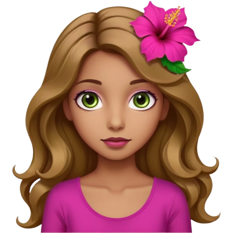Una ragazza con gli occhi tra il marrone e il verde con gli occhi grandi i capelli lunghi castani quasi biondi lunghi fino alle spalle,poi magra con un top fucsia e uh hibicus sempre fucsia trai capelli  emoji