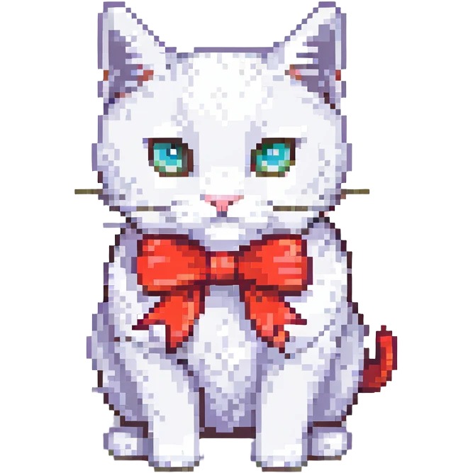 Hello Kitty, pixel art style, white cat with a red bow, retro look emoji