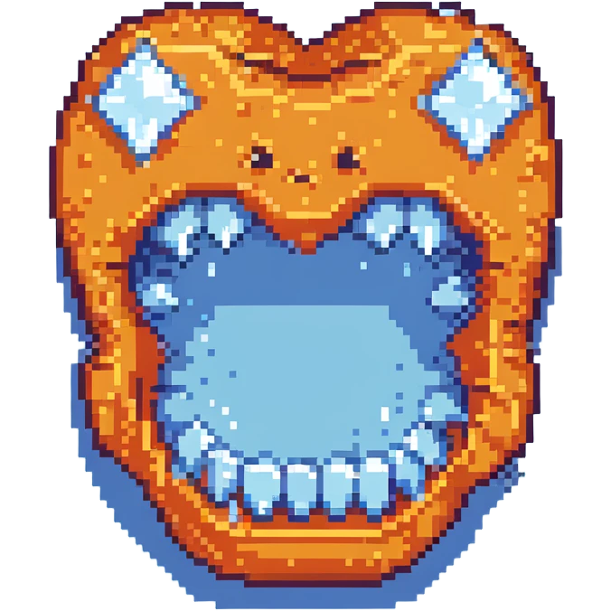 Pixel art blue freezing face with chattering teeth and ice crystals emoji