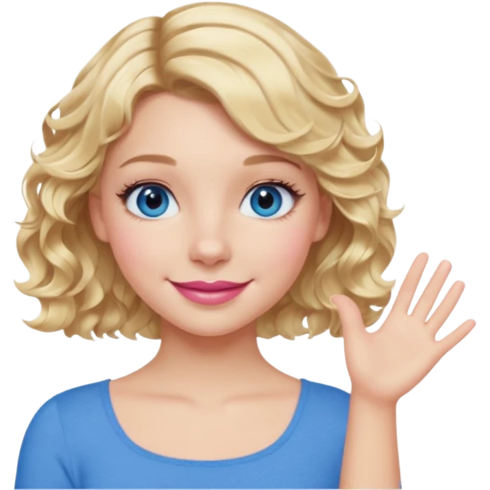 Girl Blonde short wavy hair,  blue eyes, cute blue top, long lashes, pink lips, smiling, one hand 🤷🏼‍♀️  emoji