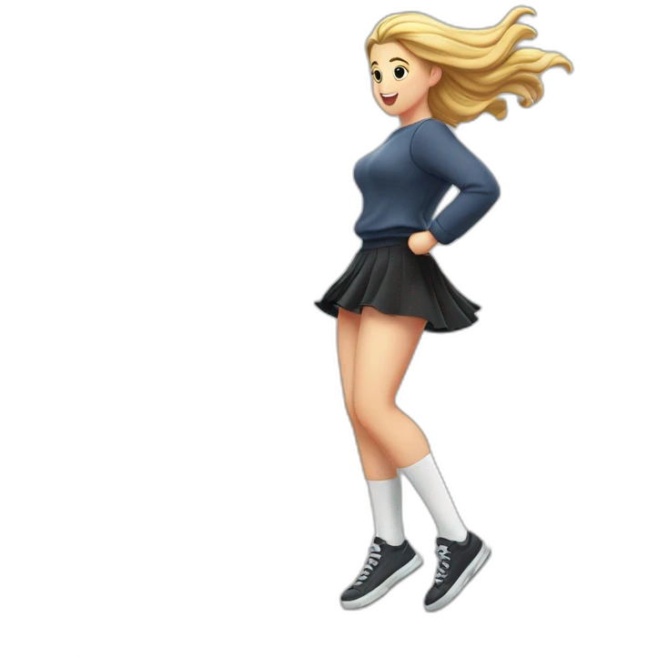 alistic-full-body-caucasian-curvy-beauty-jumping-short black-skirt-back-and-front-views-strong-wind-knickers-long-white-socks emoji