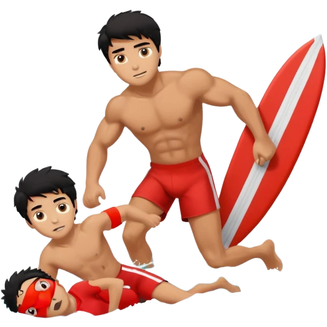 Dark Tan Muscular teen lifeguard boy with messy black hair in action saving old lady emoji