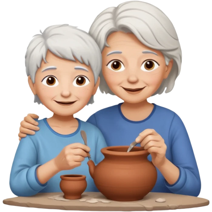 grandma with white hair and kid with brown hair doing potery emoji