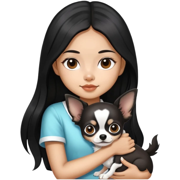 Thai girl with long black hair holding a black and white Chihuahua dog emoji