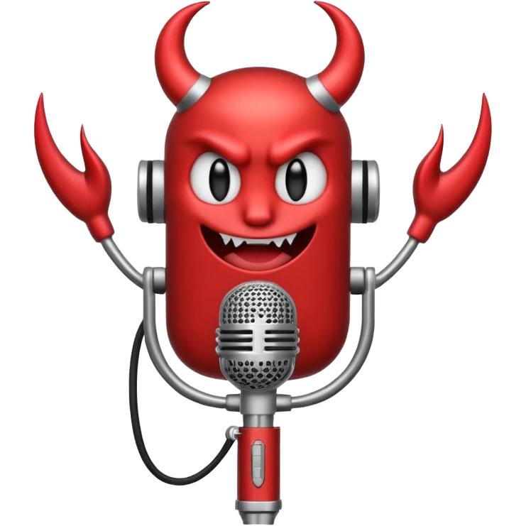 Minimalist emoji-style sticker of a classic retro microphone with small devil horns and a subtle tail wrapping the base. Grayscale with slight red accents.
 emoji