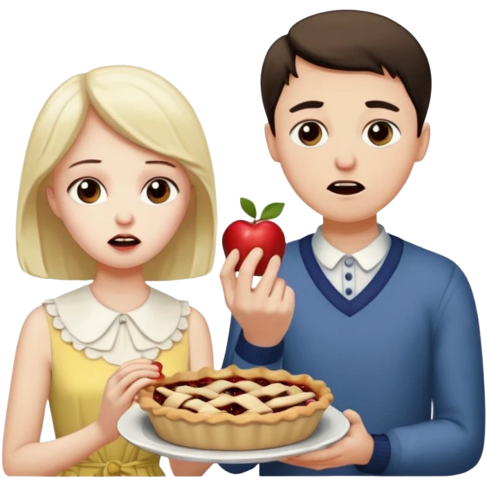 Sad man eats a pie. While his sister throws his dress on the apple emoji