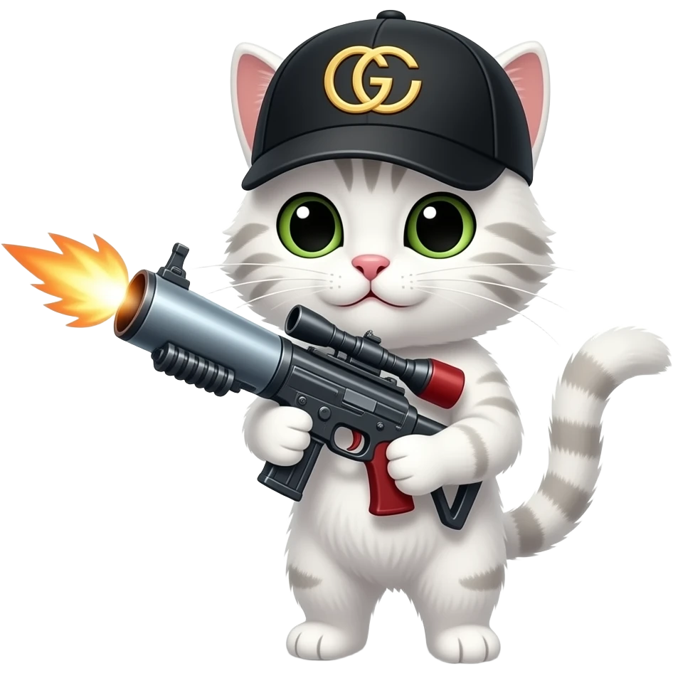Chat blanc avec un lance roquette et une casquette Gucci noir emoji