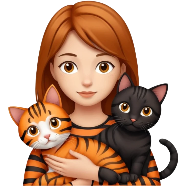 tan brown-haired girl holding two cats, one black cat and one orange tiger-striped cat emoji