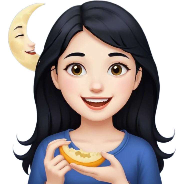 smiling girl with black hair eating the moon emoji