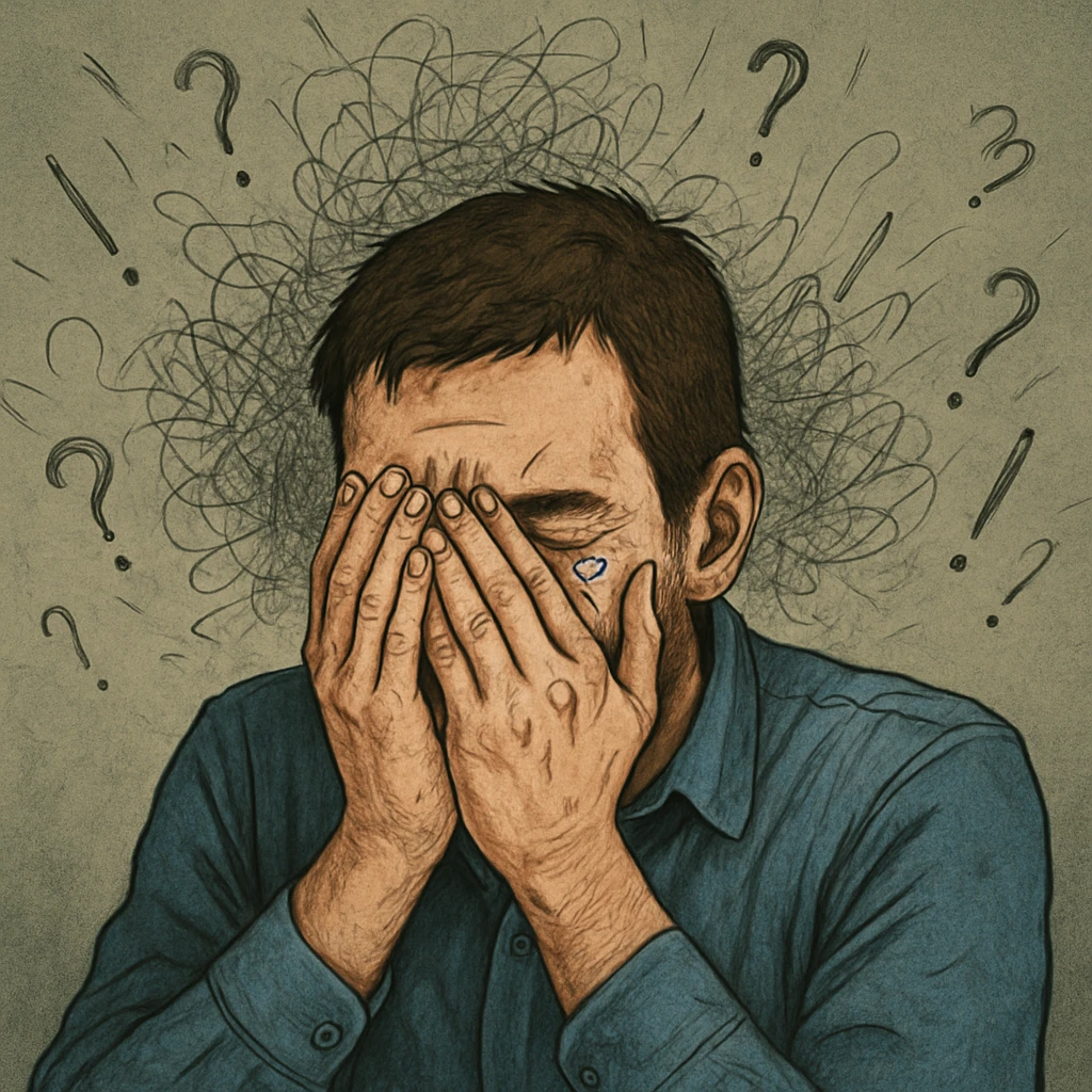 Realistic or illustrative style image of a 30-year-old man suffering from anxiety, inspired by the reference image. The man has hands covering his face with tears in his eyes. The background shows graphic signs of chaotic thoughts, conveying an atmosphere of despair. emoji