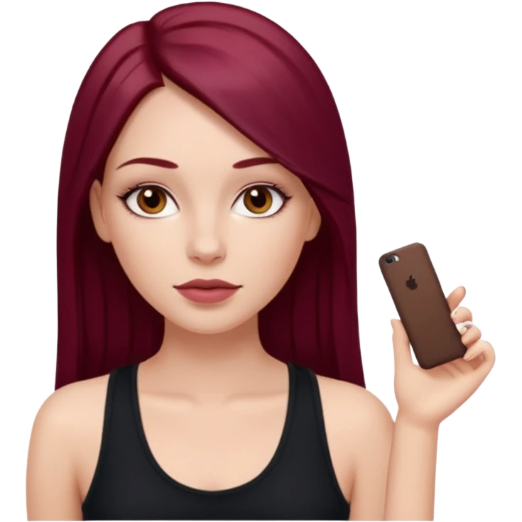 white girl, long straight middle part burgundy hair, brown eyes, long eyelashes, full lips, black tank top emoji