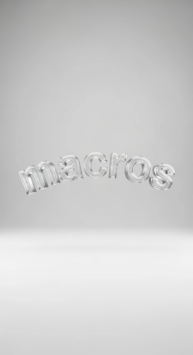 le parole "macros" fluttuano in aria, sfondo bianco emoji