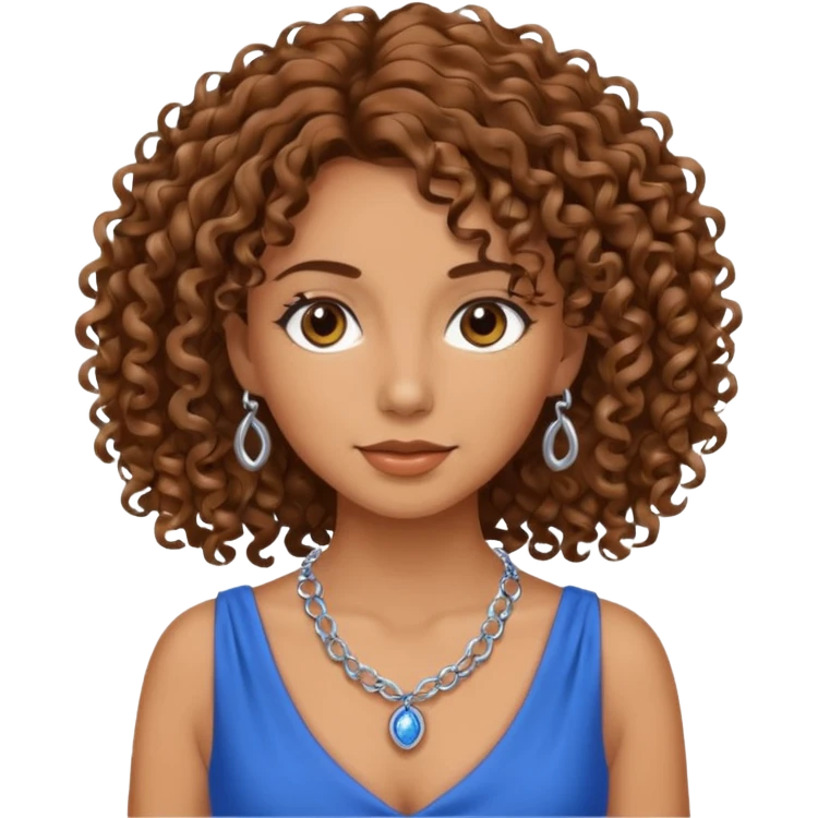 curly hair woman blue dress and chain emoji
