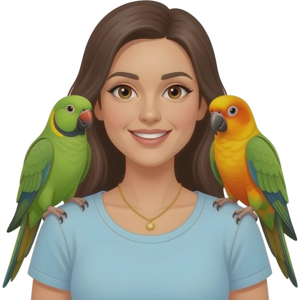 green indian ring neck parrot on a brown haired womans shoulder with a sun conure parrot with all green wings on her other shoulder emoji