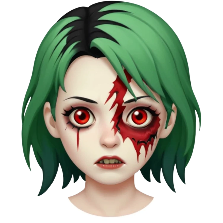 zumbi feminino com cortes no rosto, olhos baixos e vermelhos, cabelo preto e verde emoji