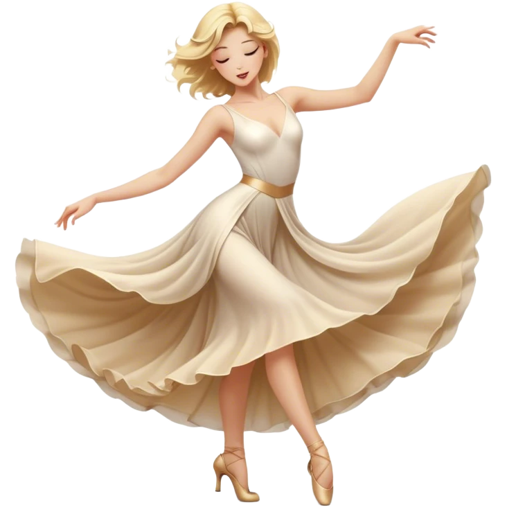 A blonde girl in a cinematic realistic dancing pose, elegant movements of the dancers, the soft fabric of their outfits flowing to the beat of their movements, spectacular lighting emphasizing graceful lines radiating passion and poise. emoji