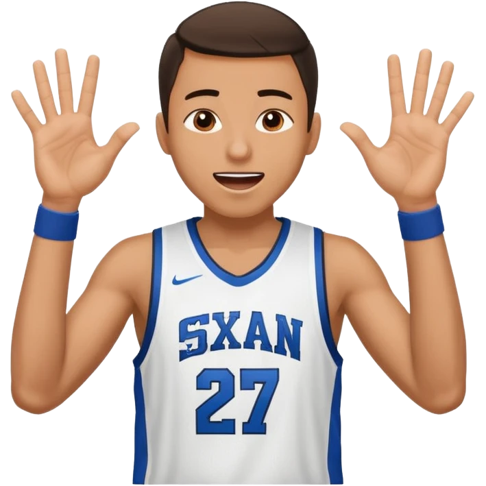 Maverick Trevillian in the crowd at an amateur basketball game. He leans towards the camera and enthusiastically shouts "six seven while performing a distinctive hand gesture: both hands open, palms facing upward, moving up and down as if weighing two options. emoji