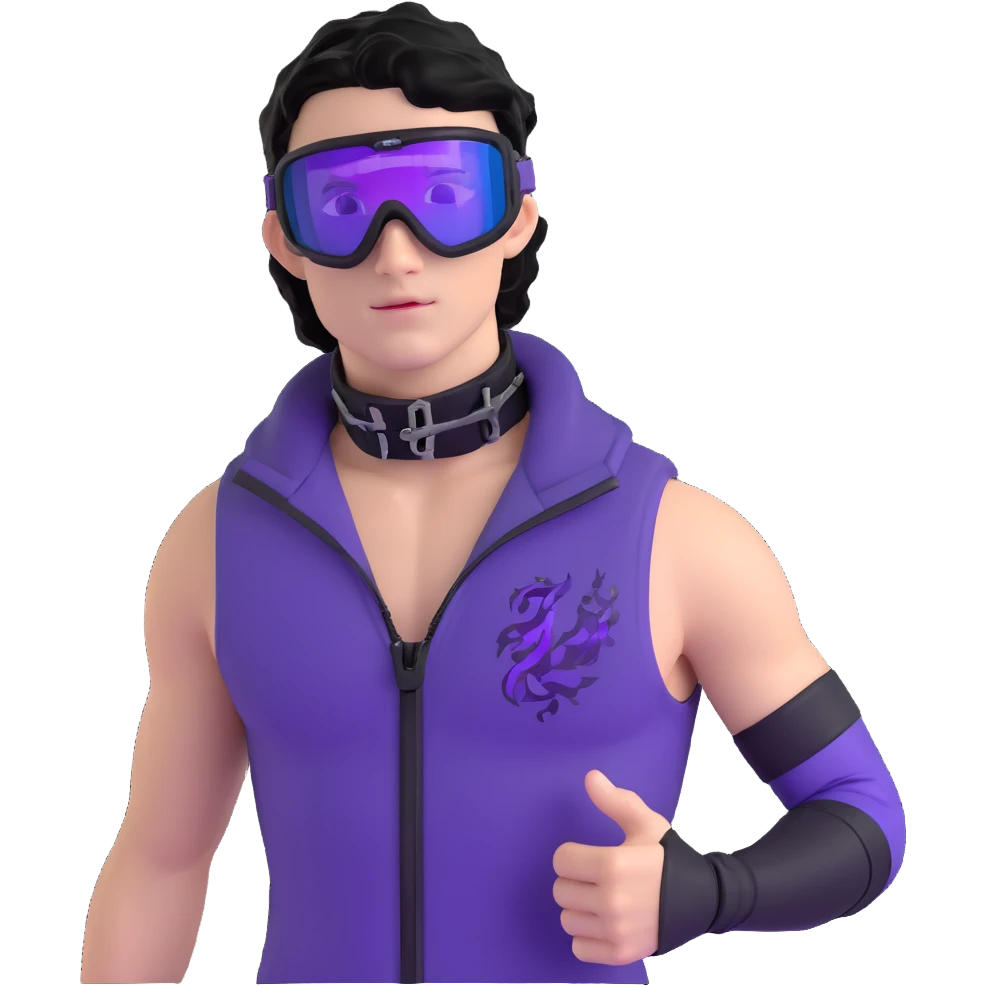 male athlete with white skin and moderately curly black hair on top with shaved sides, wearing ski goggles with purple frames and very dark black lenses, a simple plain black chain necklace, and a completely unzipped sleeveless vest with purple and black sequin fire pattern design with no logo or brand emblem, fully revealing his chest, shoulders and arms, no earrings emoji