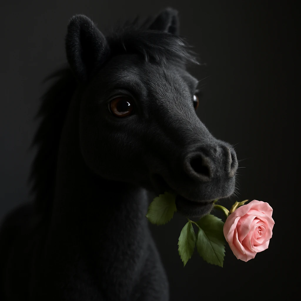 Make the horse black, keep the rose in its mouth, realistic style with soft colors. emoji