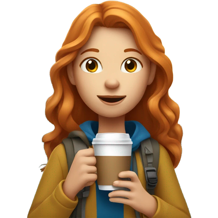 ginger girl long hair hiking in mountains with coffee and dog  emoji