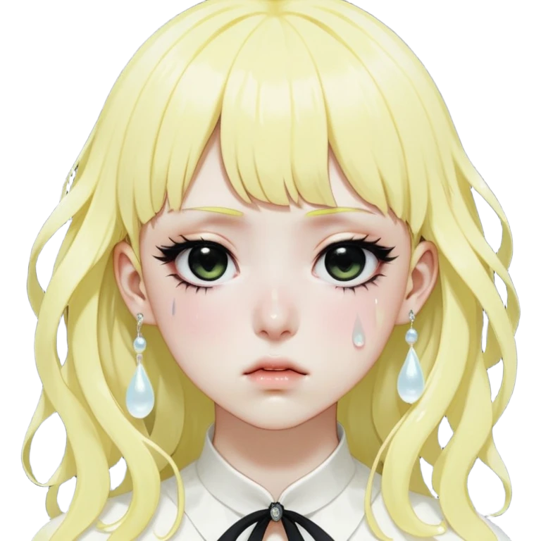 Face: Pale lemon skin (#FFF0D4), swollen eyelids with 3D tear droplets cascading down, snot bubble at nostril. Hair: Jet-black hime-cut with blunt bangs stuck to forehead from tears. Extra: White handkerchief clutched in fist, exaggerated wavy mouth shape: "ウaaaa~". emoji