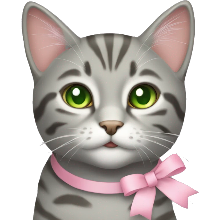 grey tabby cat with green eyes and light pink ribbon bow on her head emoji