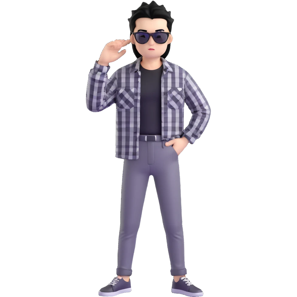 Satoru Gojo from Jujutsu Kaisen with spiky black hair, wearing black and white checkered shirt, black pants, confident expression, sunglasses on top of head emoji