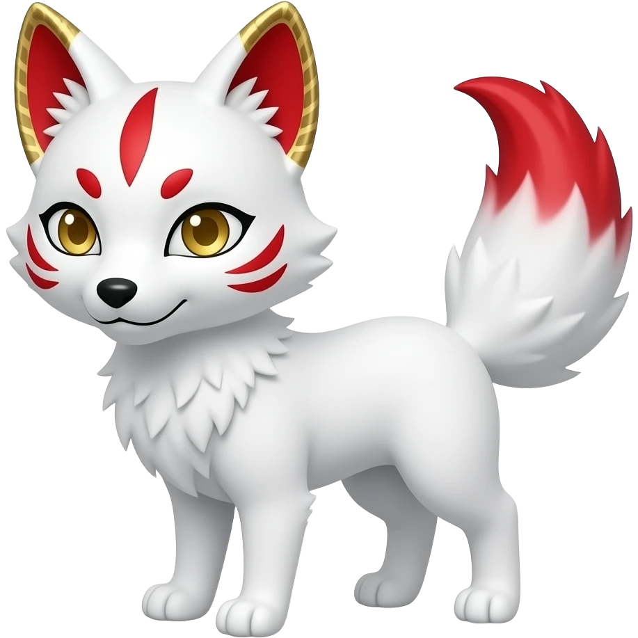 A pure white one-tailed kitsune (fox form,) with red accents, (one marking on each cheek, two markings each over its eyes and a single one on its forehead,) red on the insides of its ears, with gold markings inside of its ears,) and pale golden eyes. Pure white paws and a red tail tip. emoji
