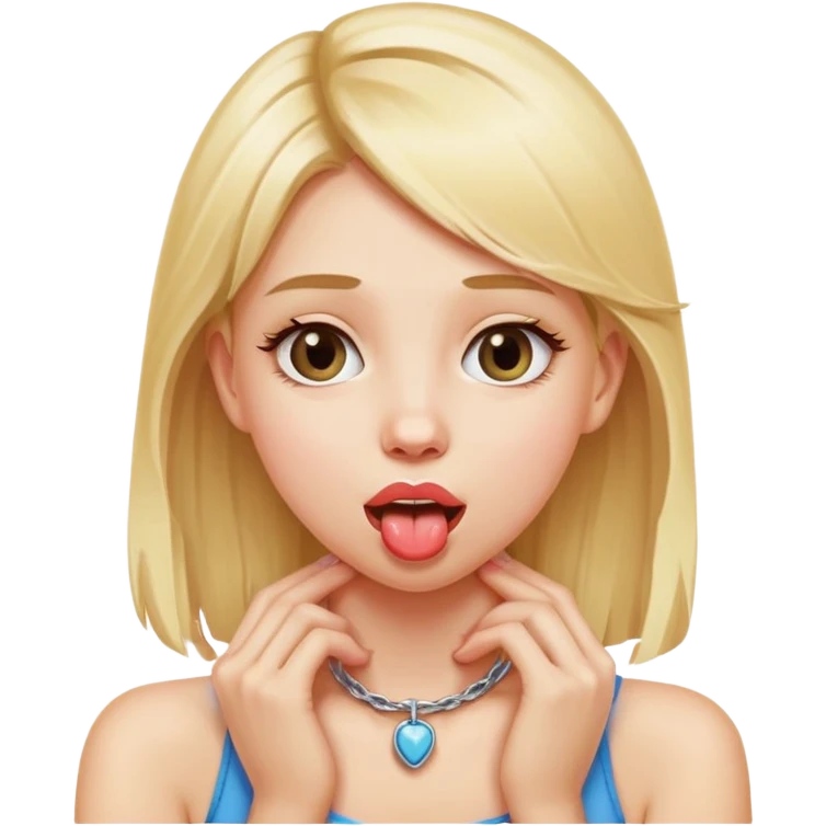Girl with blond hair with hands placed on neck, with tongue out emoji