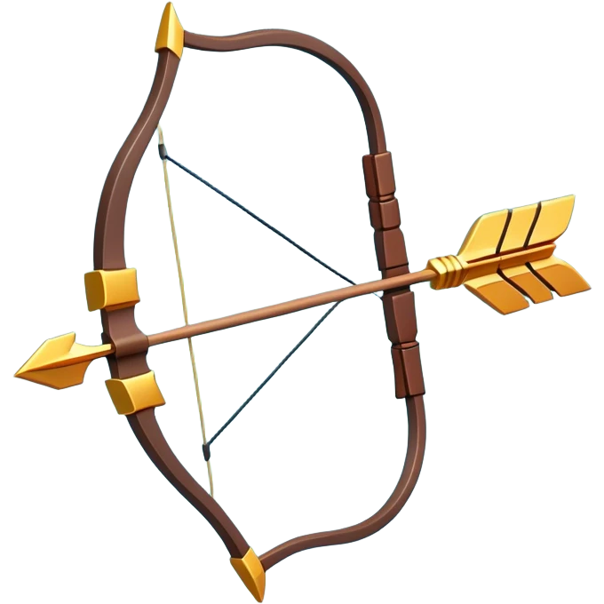 Clash of Clans aesthetic: Cinematic Playful Pixel 3D Bow & Arrow Portrait Emoji, rendered in a 3D vector-style similar to standard emojis with minimal shading and bold, simplified shapes. A compact, distinct form with signature details, softly glowing with a pixelated adventure charm. Simplified yet unmistakably iconic, highly detailed and consistent, glowing with a soft radiance and high shine. Stylized with a touch of classic pixel-art charm and a soft glowing outline, capturing the essence of a beloved gaming relic with a friendly, playful manner! emoji