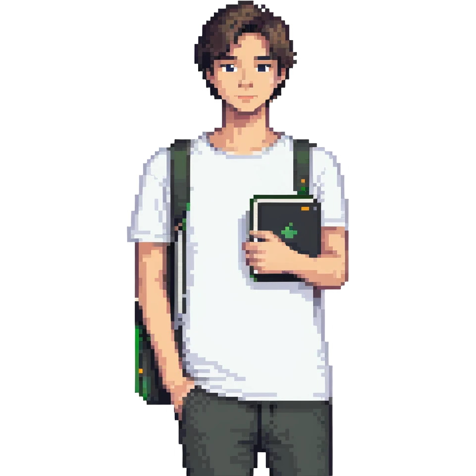 programmer wearing a white t-shirt, holding a notebook emoji