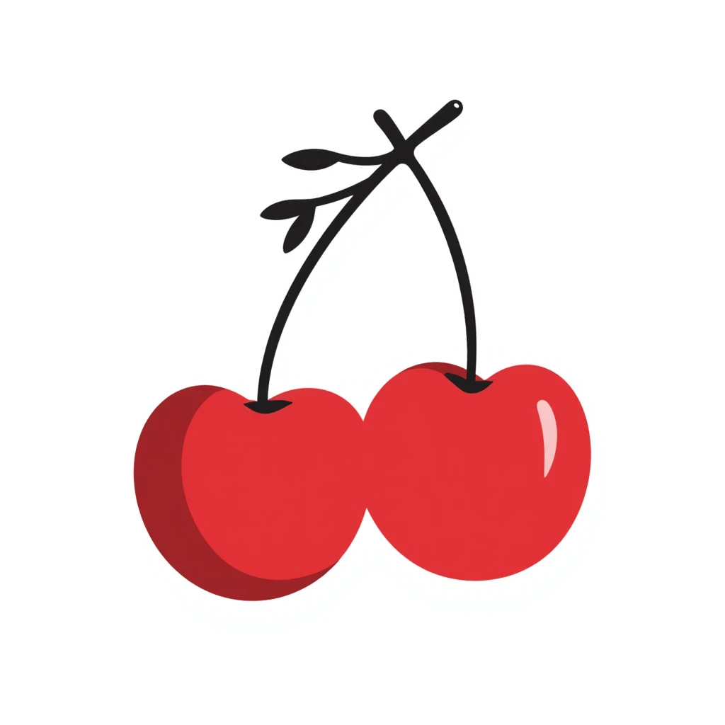 Hand-drawn two red cherries hanging from a thin branch with small leaves emoji