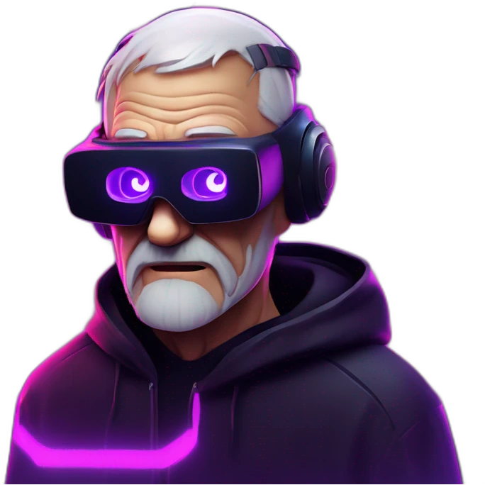 Russian old man wearing a black hoodie with "OMG" letters on it and VR headset in a cyberpunk VR environment with violet neon lighting. emoji