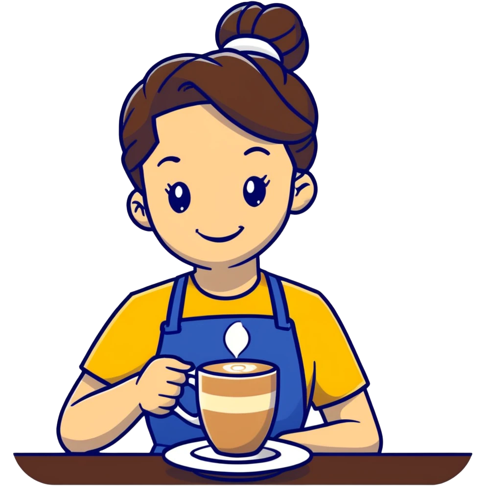 Cute brunette barista girl with hair in a bun wearing yellow shirt and dark blue apron, she's relaxed and making latte art, smiling at the coffee cup emoji