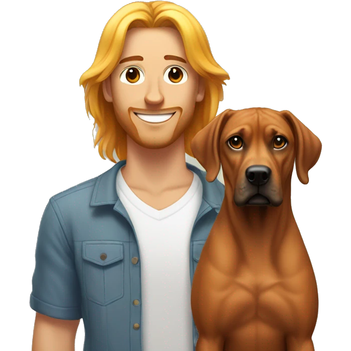 white male with long rainbow colored hair standing alongside a brown rhodesian ridgeback emoji