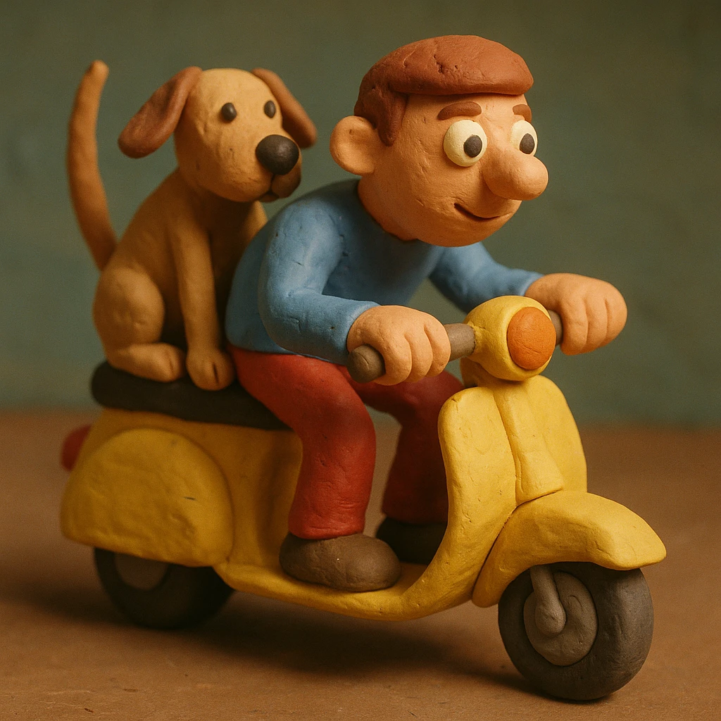 man and his pet dog riding a vespa emoji