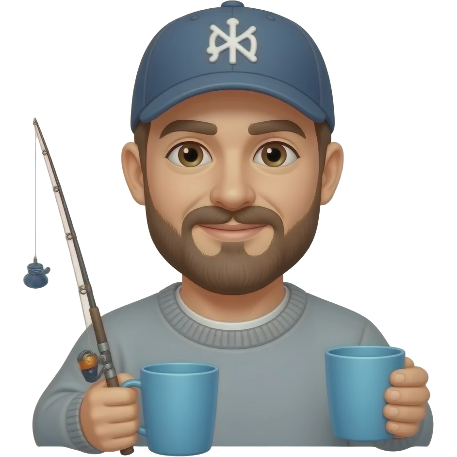 a fisherman standing towards the camera wearing a baseball cap and grey sweater facing 2 blue cups holding a fishing rod emoji
