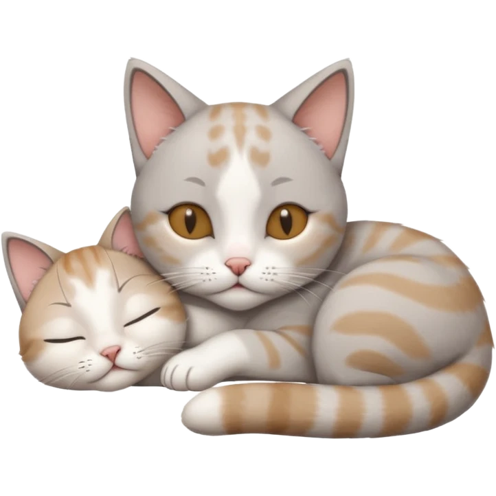 grey and white small cat with its eyes closed lying down with its paw holding up his head emoji