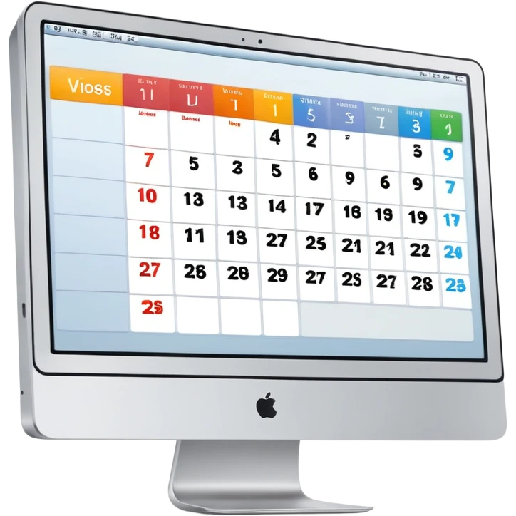 front view of an iMac with a day-calendar on the screen, vertical hours on the left, horizontal client slots, some slots visibly booked emoji