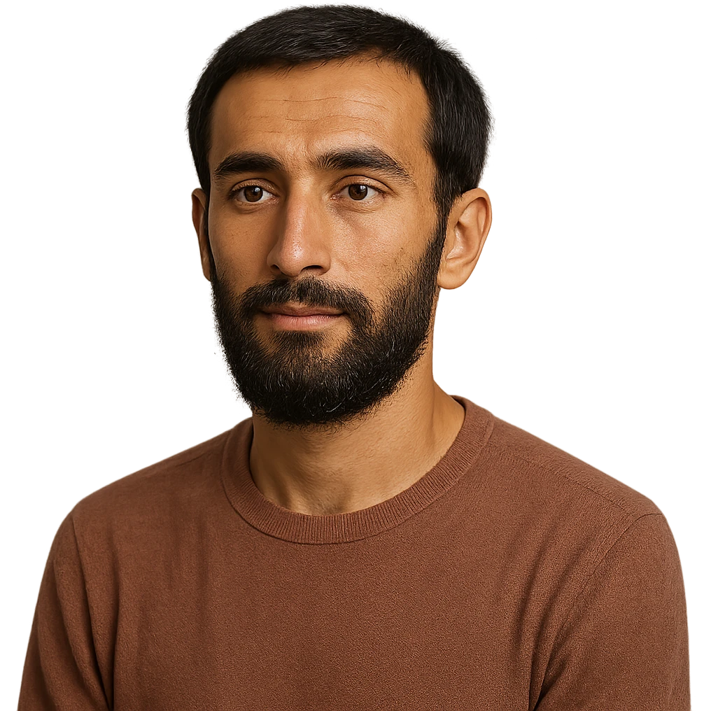 A Tajik man with a slender build, oval face, broad forehead, straight nose, expressive brown eyes, thick eyebrows, dark straight hair, warm-toned skin, and a bigger, neatly kept beard emoji