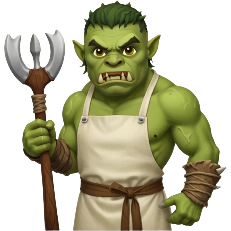 orc male Apron with "Kiss the Cook" (scratched out, replaced with "Fear the Cook"), giant rib bone as a weapon. emoji