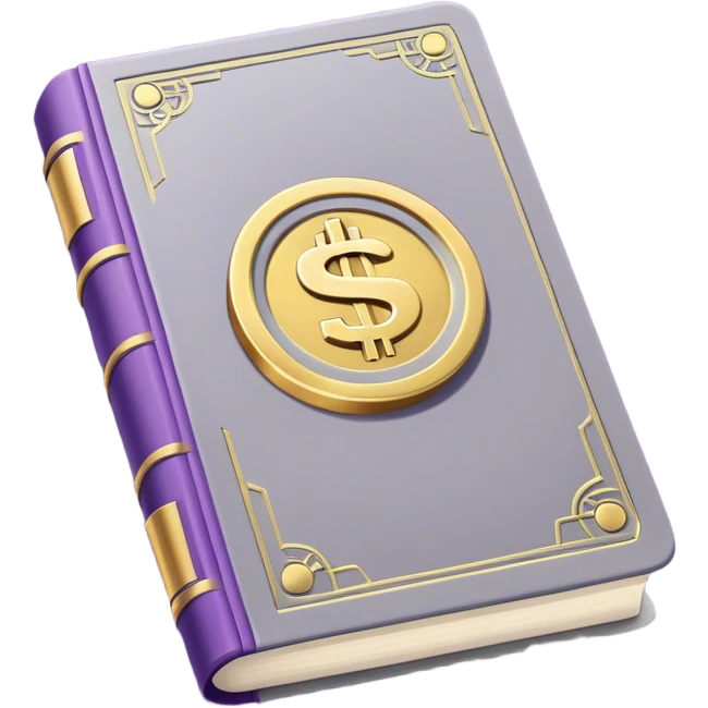 A gray book with tone purple details, gold lettering, and andollar sign, or split path on the cover, radiating financial wisdom, strategic wealth-building, and mindset transformation. emoji