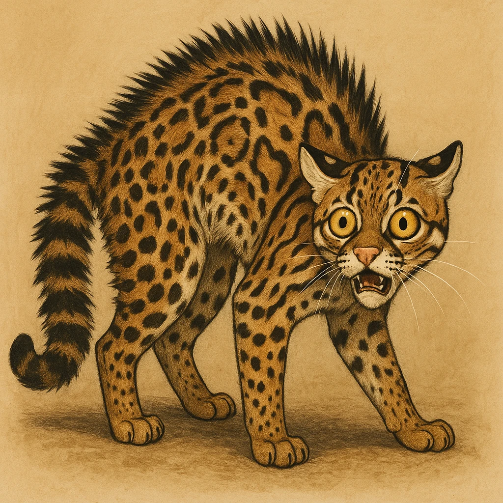 an ocelot with arched back, fur standing on end, wide eyes, frightened expression, simple background emoji