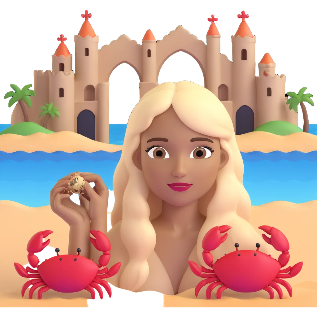 woman with long straight darker blonde hair, light brown skin, with the three iconic arches of Atalaia Beach (Aracaju-SE) in the background, and a small crab as a detail near her emoji