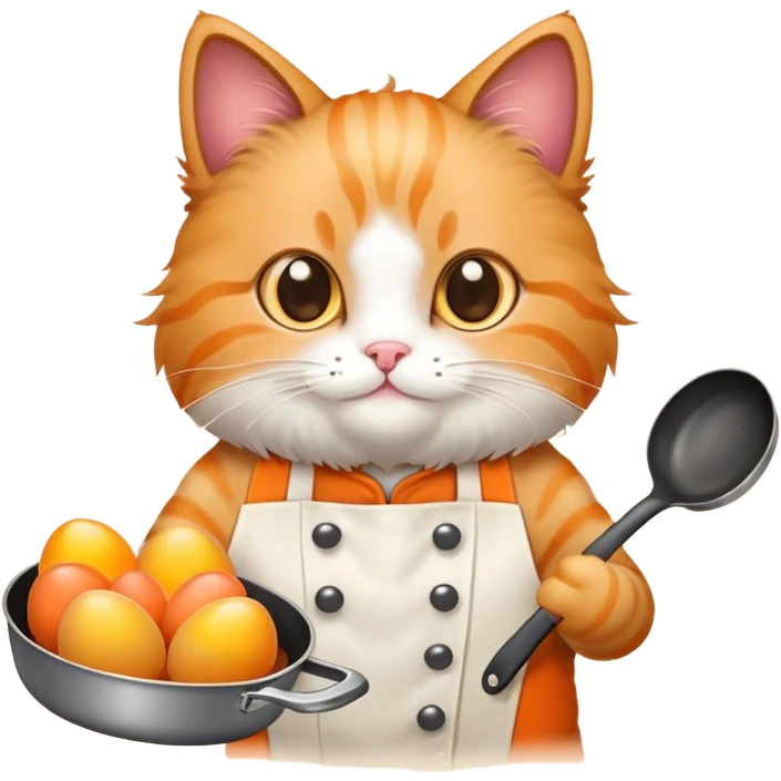 a cat holding a cooking pan with double heart-shaped eggs emoji