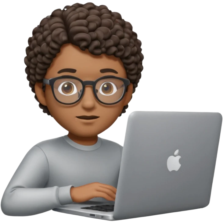 3D Apple Memoji–style emoji, brown-skinned male character, short curly hair, thick glasses, calm focused eyes, peeking over silver laptop, transparent PNG, 4K. emoji