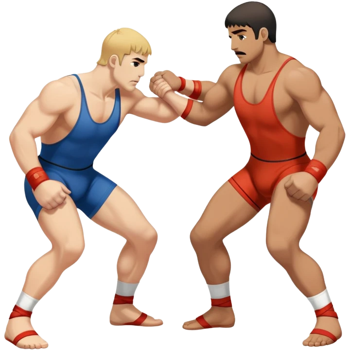 An icon symbolizing Greco-Roman wrestling, showing two wrestlers locked in a powerful grip, focusing on upper-body techniques. The background features a wrestling mat, with the athletes wearing traditional singlets. Transparent background highlights the strength and skill of the sport. emoji