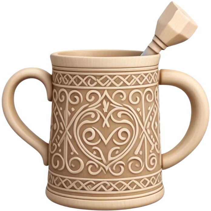 Scandinavian carving icon, bone mug or vase with intricate Norse patterns, chisels and carving tools nearby, minimalistic style, clean lines, transparent background. emoji